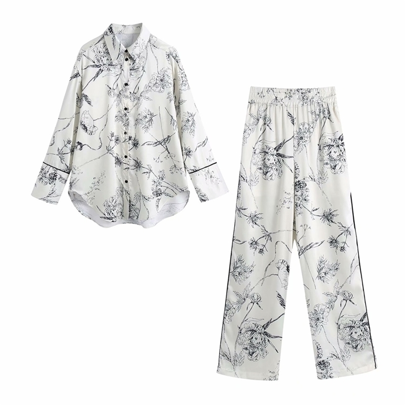 Women 2 Piece Set Loose Shirt and Trousers Oversized Blouse Wide Trousers Elegant Cozy Woman Pajama style Sets Outfits 210331