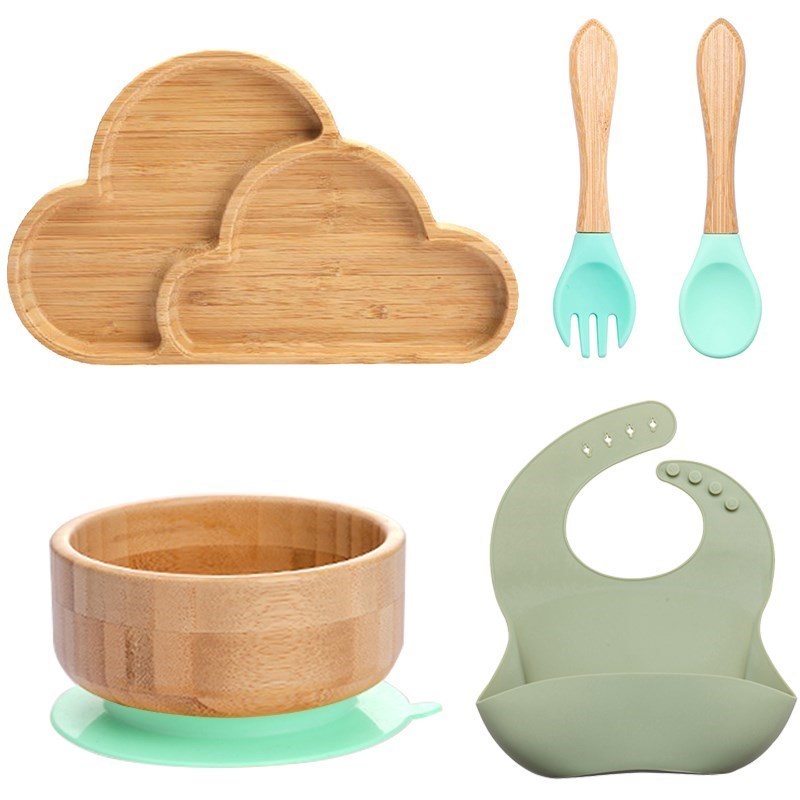 5Pcs/Set Baby Feeding Bowl Dinner Plate Bib Fork Spoon Kids Feeding Cartoon Tableware Bamboo Wood Non-slip Children's Tableware 220512