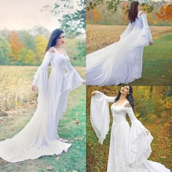 Fantasy Fairy Medieval Wedding Dresses Lace Up Custom Made Off the Shoulder Long Sleeves Court Train Full Lace Bridal Gowns High Quality