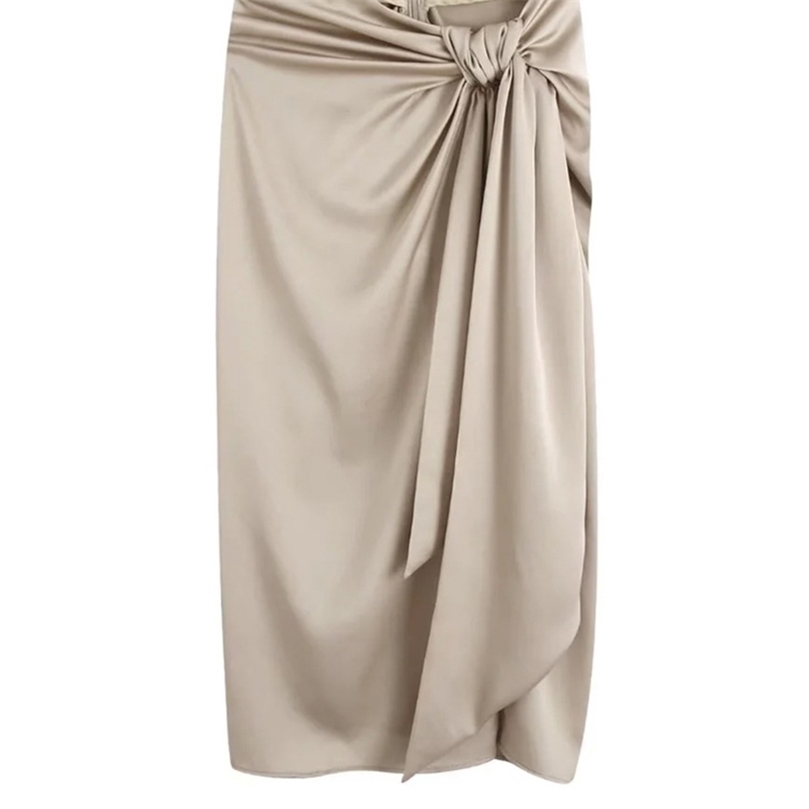 TRAF Women Fashion With Knotted Gathered Front Slit Midi Skirt Vintage High Waist Back Zipper Female Skirts Mujer 220701