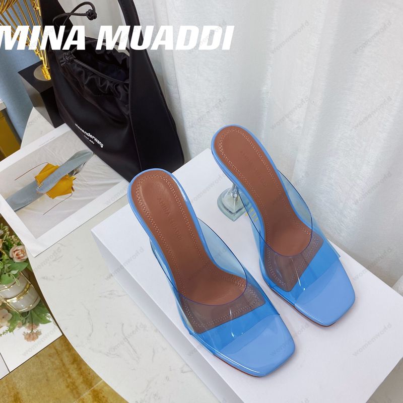 

Luxury Designer Amina Muaddi sandals New clear Begum Glass Pvc Crystal Transparent Slingback Sandal Heel Pumps Naima embellished Light Blue Mules slippers shoes, Only a shoe box