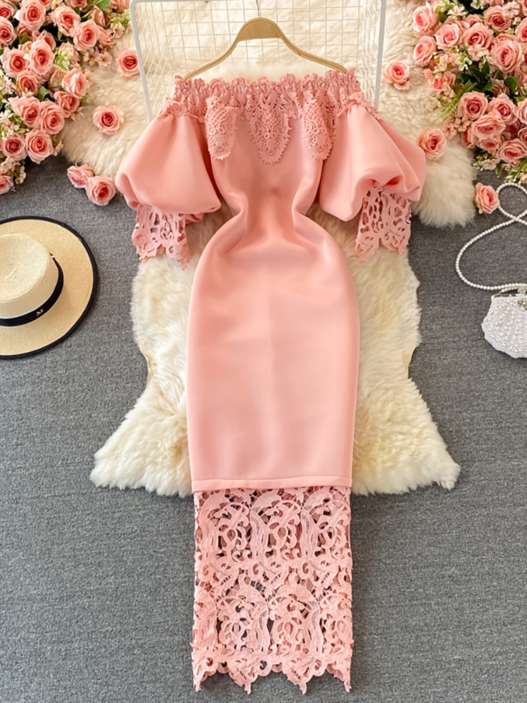 Sexy Hollow Out Lace Bodycon Long Dress Women Elegant Red/Pink/White Off Shoulder Patchwork Maxi Party Vestidos Autumn 220406