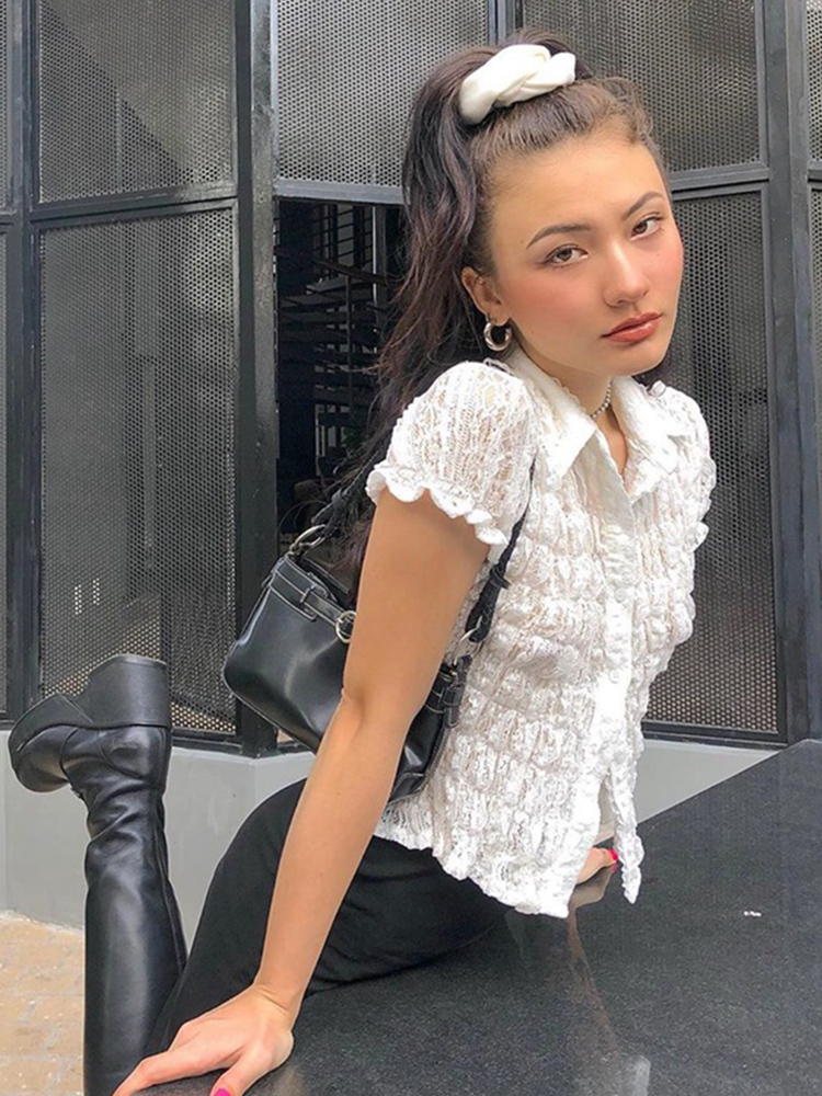 Top Women White Shirt Ruffle Lace See Through Blouses Turn Down Collar Shirts Short Sleeve Tees Street Clothing 220328