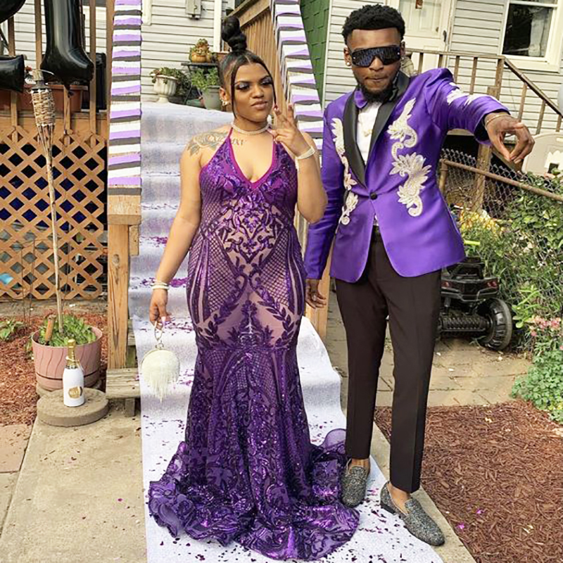Plus Size Purple Sequin Prom Dresses Mermaid For Black Girls 2022 V Neck Backless African Aso Ebi Evening Gowns Sparkly Party Robes De Soirée Vestidos