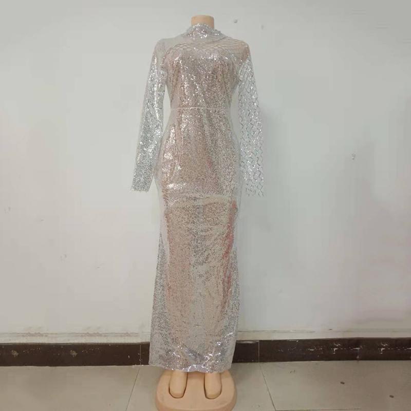 Sier Sequin Mesh Off Shoulder Long Casual Party Dress, Polyester, Slim Fit, Winter, A-E, Ankle Length, 3Xl B4