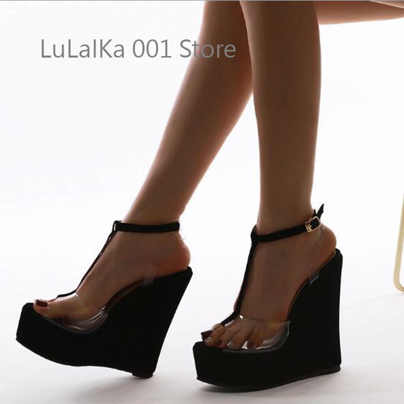 Summer Fashion Design Ankle Buckle Strap Sandals Women Platform Wedges High Heels Open Toe Pvc Transparent Jelly Shoes 220418