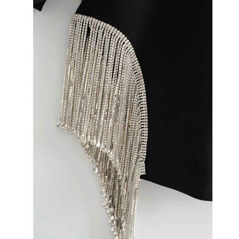 Women Fashion Double-breasted Blazers Coat Vintage Long Sleeves Female Black Slim Tassel Drill Decoration Chic Outerwear 220402