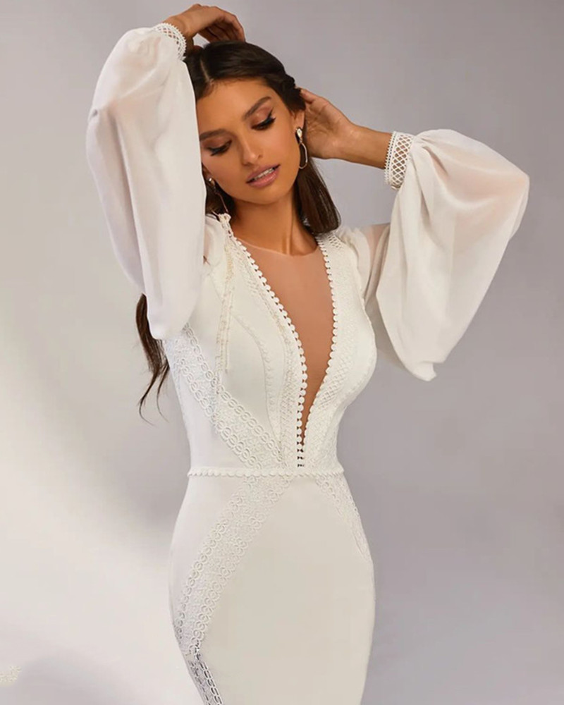 Elegant Deep V-Neck Mermaid Wedding Dress 2025 Sexy Long Chiffon Sleeves Wedding Gown With Train Backless Vestido De Noiva