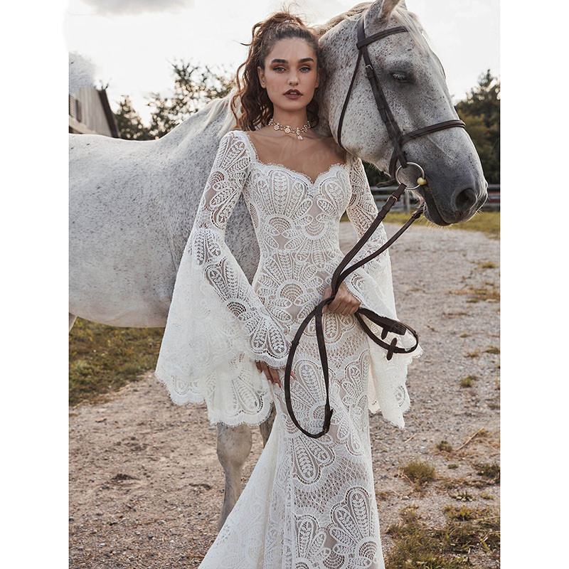 Vestido Boheme Mermaid Boho Wedding Dress Long Flare Sleeve Backless V Neck Lace beach country Bridal Gown Vestido de Noiva