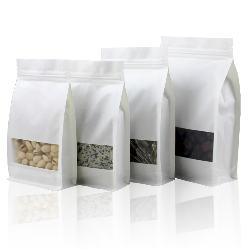 100pcs 3D Thick Stand up White Paper Window Packaging Bag Resealable Ground Coffee Beans Seeds Snack Tea Cereals Wedding Party Gifts Heat Sealing Stor