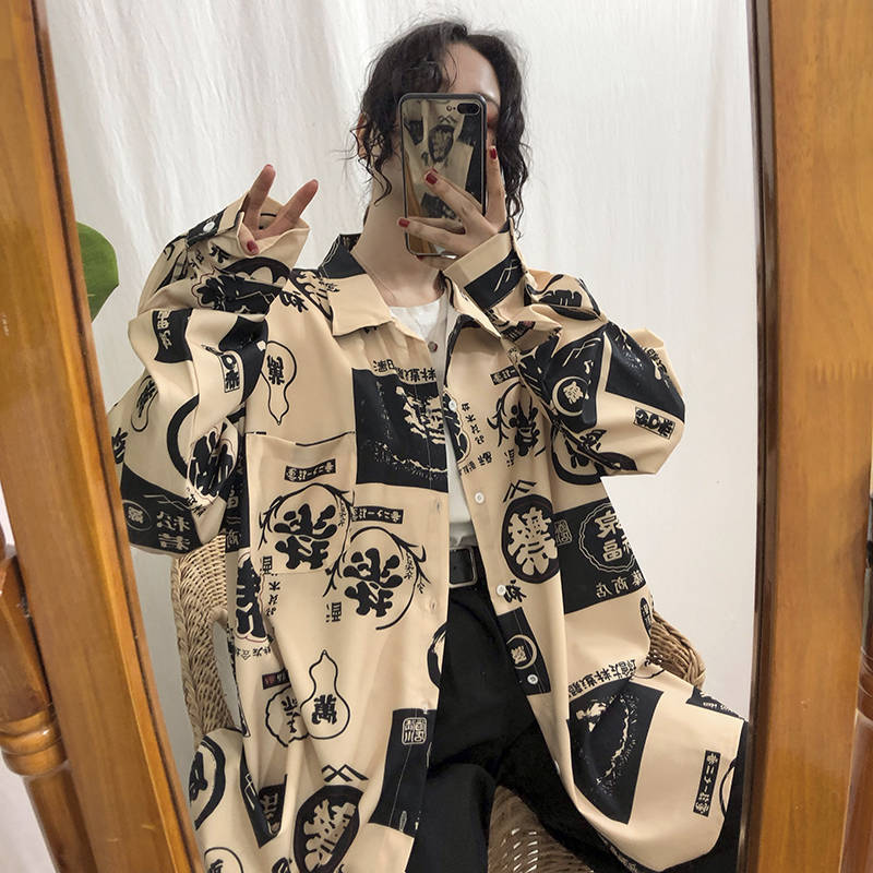 Streetwear Harajuku Blouse Couple Shirt Women Men Clothing Blouses Bf Long Shirts Spring Autumn Turn-down Collar Casual Top 220322