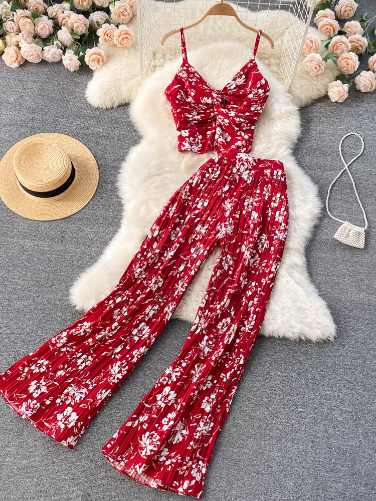 Women Summer Casual Pants Suit 2 Piece Set Female Floral Print Sleeveless Top & Wide Leg Fashion Outfit 220509