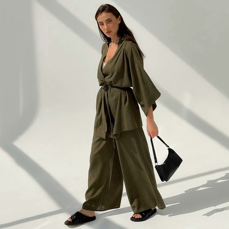 Hiloc Drop Sleeve Robes Women Pajama Flare Sets Robe Low Cut Pijama Bathrobe Female Set Woman 2 Pieces Casual Pajamas With Pants 220423