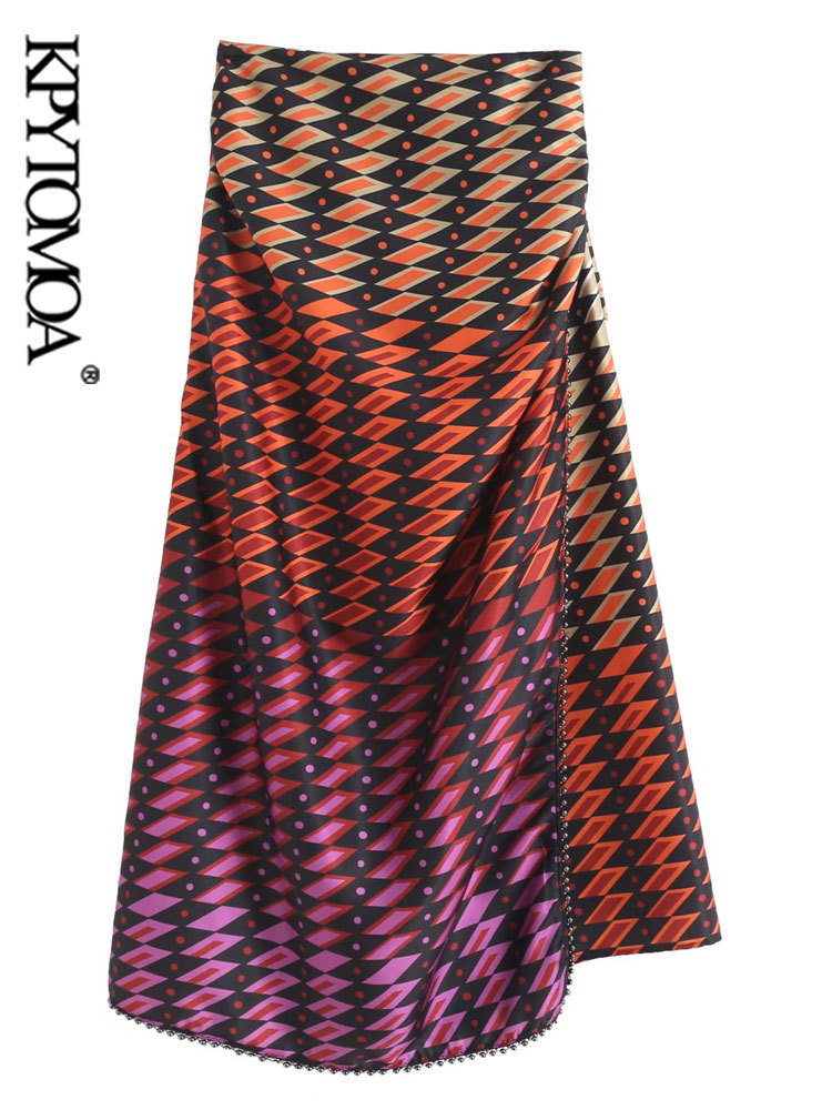 KPYTOMOA Women Fashion With Knotted Metallic Appliques Printed Midi Dress Vintage High Waist Back Zipper Female Skirts Mujer 220701