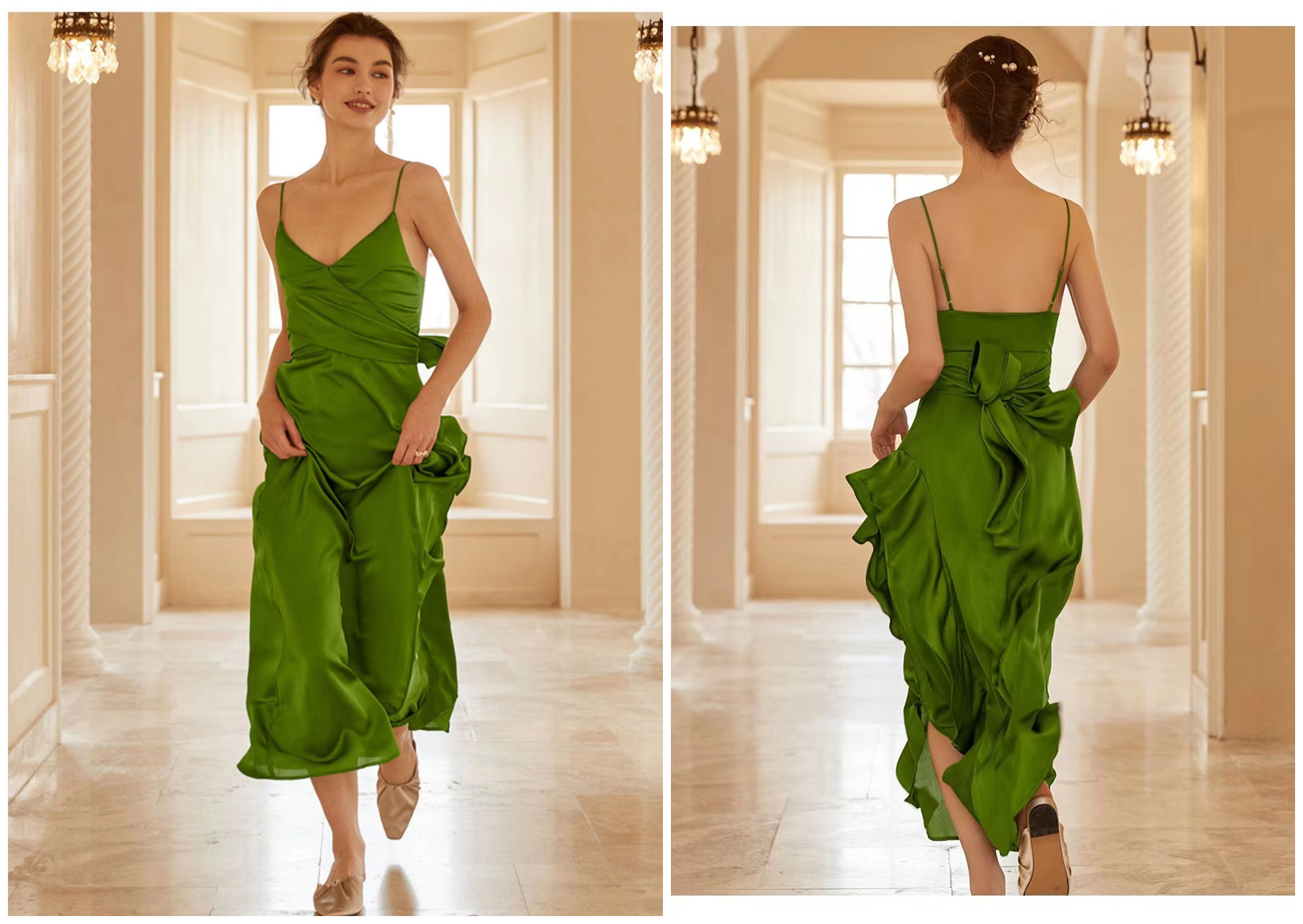 Sleepwear Backless Green Long Skirt Summer Large Swing Skirt Lotus Leaf Wedding Bride Suspender Dressing Gown Female Autumn and Winter