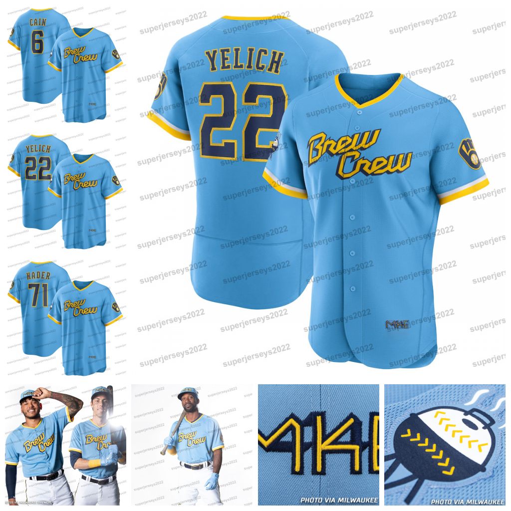 4XL-6XL 22 Christian Yelich BREWERS 2022 City Connect Jersey Lorenzo Cain Josh Hader Rowdy Tellez Kolten Wong 24McCutchen Hunter Renfroe Jace Peterson Willy Adames, City connect cool base