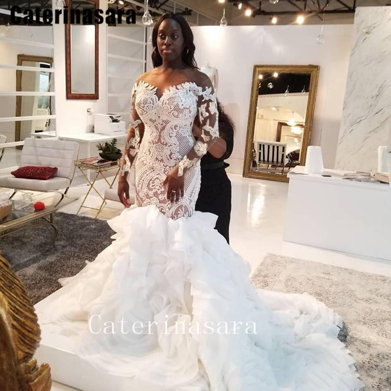 Illusion Scoop Neckline Long Sleeves Generous Full Lace Wedding Dress Lace-up Ruffle Organza Trumpet Bridal Gown, Ivory
Illusion Scoop Neckline Long Sleeves Generous Full Lace Wedding Dress Lace-up Ruffle Organza Trumpet Bridal Gown, Ivory