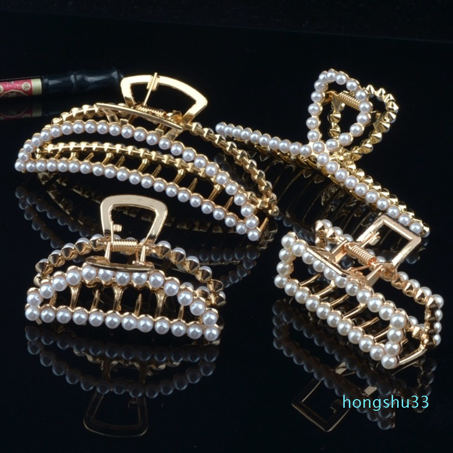 2022 New fashion Korean Style Metal Pearl Geometric Hairpin Large Clip Back of Head Claw Headdress Hair Ornament