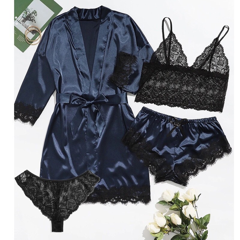 Lace Bra Panty Nightgown Shorts Loungewear 4Pcs Set womens home nightdress set underwear Comfortable soft day wear loose nightgowns skin friendly sexy