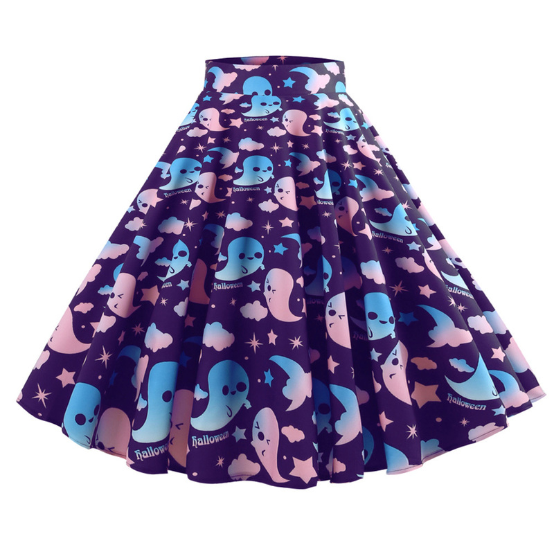 Retro Ghost Bat Print Halloween Skirt 50s High Waist Hepburn Vintage Christmas Jurken Long Cotton A-Line Party Women's Clothing 220317