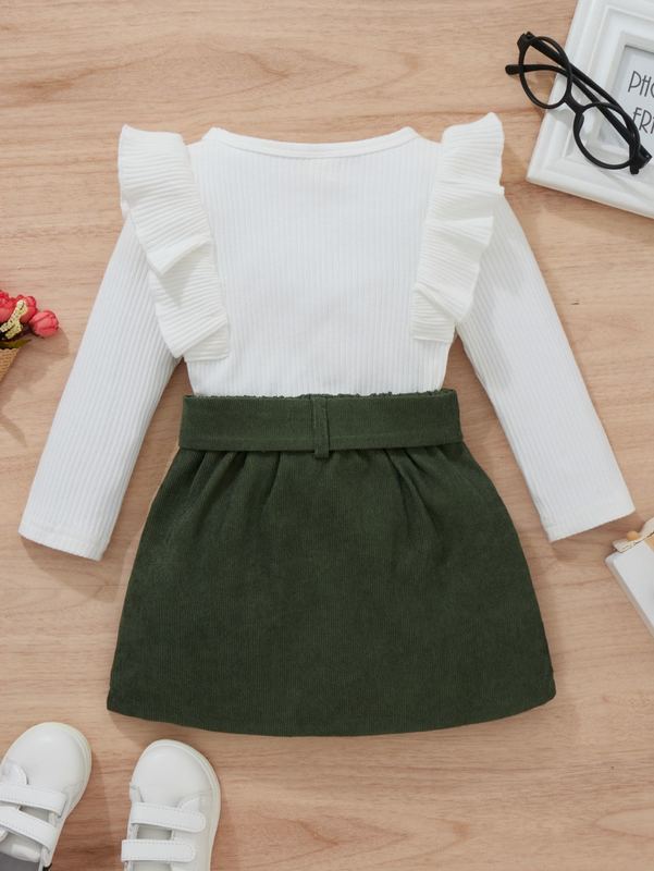 Toddler Girls Rib Knit Ruffle Trim Top & Belted Skirt SHE