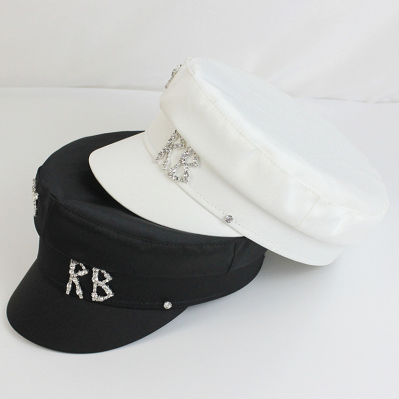 Women Hat Diamond Navy Thin Satin Lady Spring Autumn Silk Flat Cap Beret Octagonal Blingbling 220507