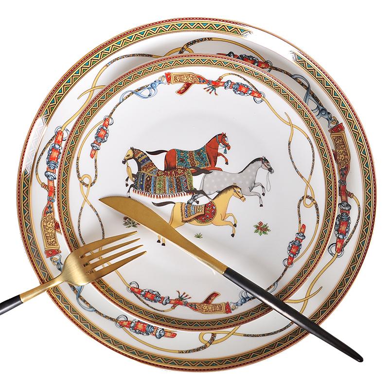 

Dishes & Plates Dinner Luxury War Horse Bone China Dinnerware Set Royal Feast Porcelain Western Plate Dish Home Decoration Wedding Gifts, 8inch shallow plate