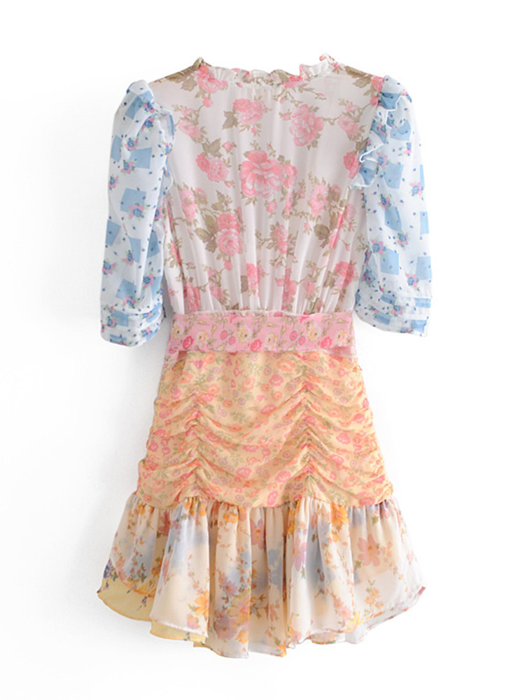 Retro France Short Puff Sleeve Floral Print Hit Color Dress Women Pleated Ruffle Tie Bow Sashes Mini Dresses Holiday 220511