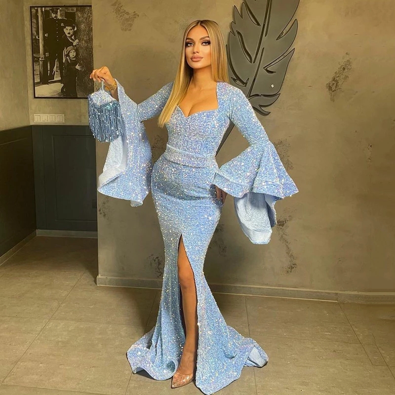 2022 Royal blue Sequins Mermaid Evening Dresses Long Sleeves Front Slit Party Night Gala Dress Formal Party Gown Occasion Prom Dress B0418