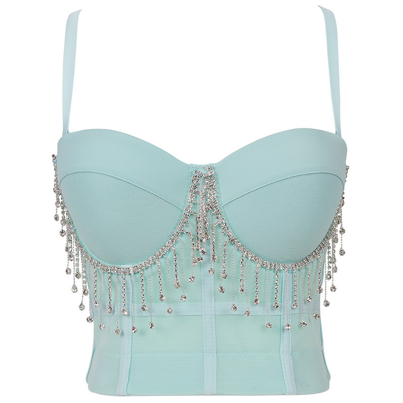Women Camisole Top Diamond Crystal Tassels Solid Color Sexy Cropped Push Up Bustier Bra Night Club Party Tank 220325