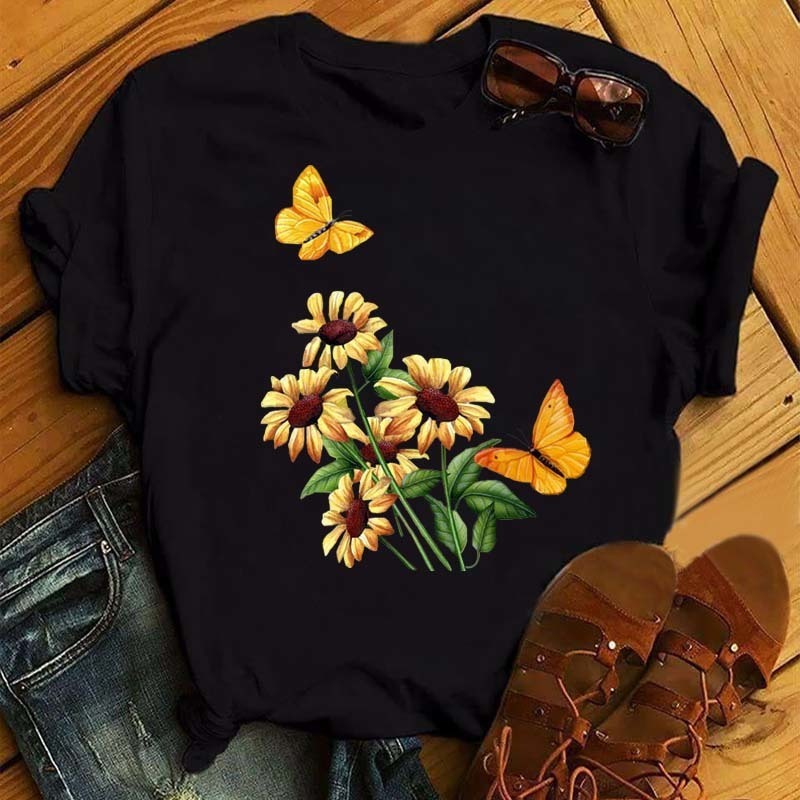 Women Flower Butterfly Fashion Print T Shirt Casual Short Sleeve Ladies T Tee Female Top Shirt Clothes Womens Graphic Tshirt 220527