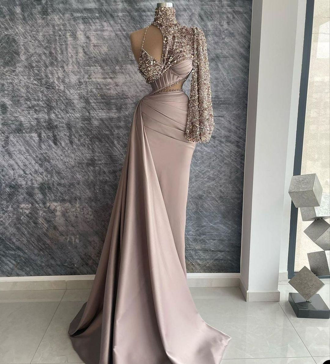 Rose Pink Sequined Mermaid Evening Dresses With Detachable Train Elegant Satin Cut Out Full Sleeves For Women Party Gowns