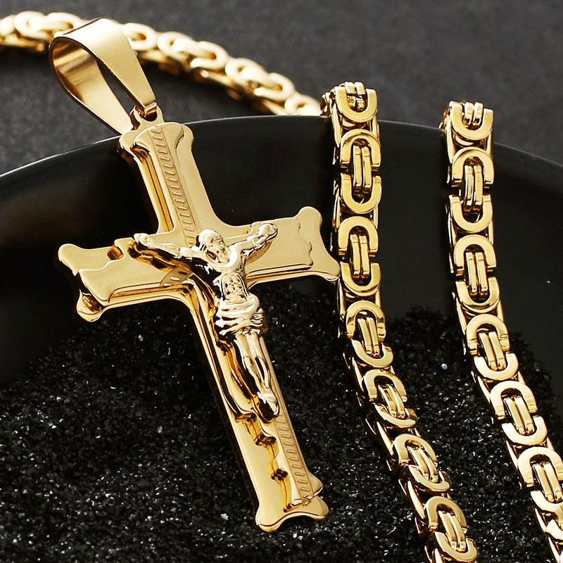 Pendant Necklaces Gold Color Fish Bone Pattern Cross Necklace Men Stainless Steel Crucifix Jesus Link Chain Catholic Jewelry GiftPendant
