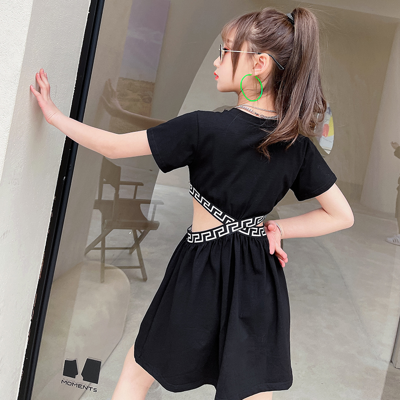 Girls Summer Dresses Black ALine Geometric Pattern Knit Waist Hollow Cut Sports Casual Dress 314Y Childrens Girl Clothing 220707