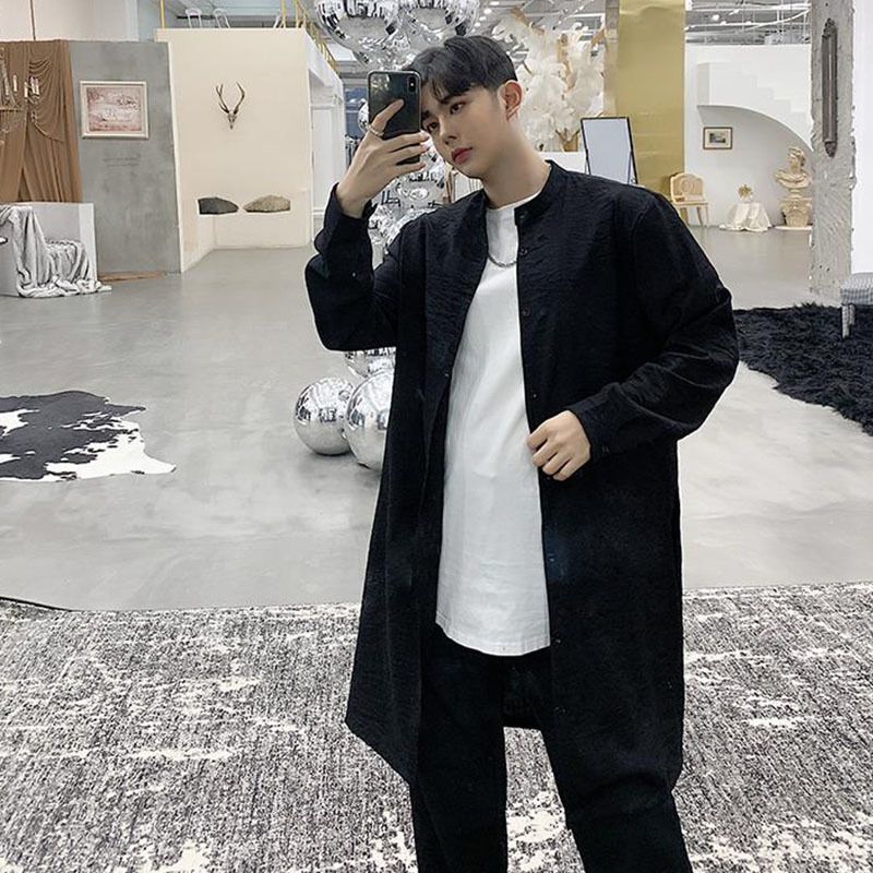 Men Stand Collar Long Sleeve Casual Shirt Male Streetwear Style Cardigan Black White Shirts 220322