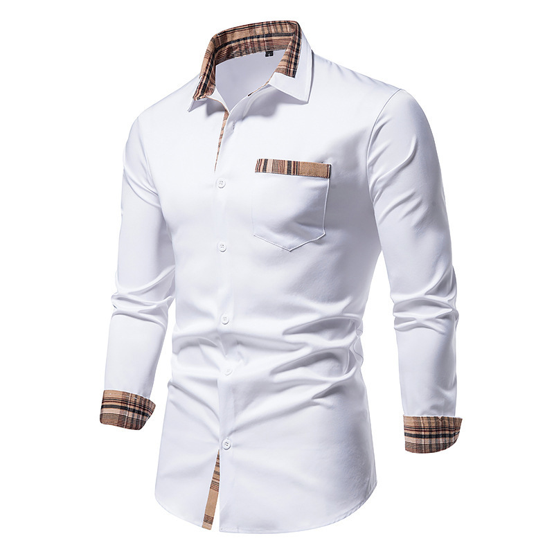 PARKLEES Autumn Plaid Patchwork Formal Shirts for Men Slim Long Sleeve White Button Up Shirt Dress Business Office Camisas 220322