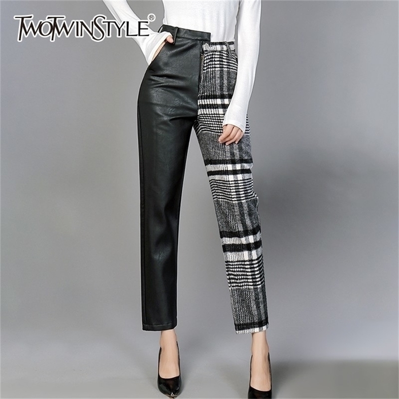 TWOTWINSTYLE PU Trousers For Women High Waist Hit Colors Asymmetrical Patchwork Ankle Length Wool Pants Female Spring New 201112
