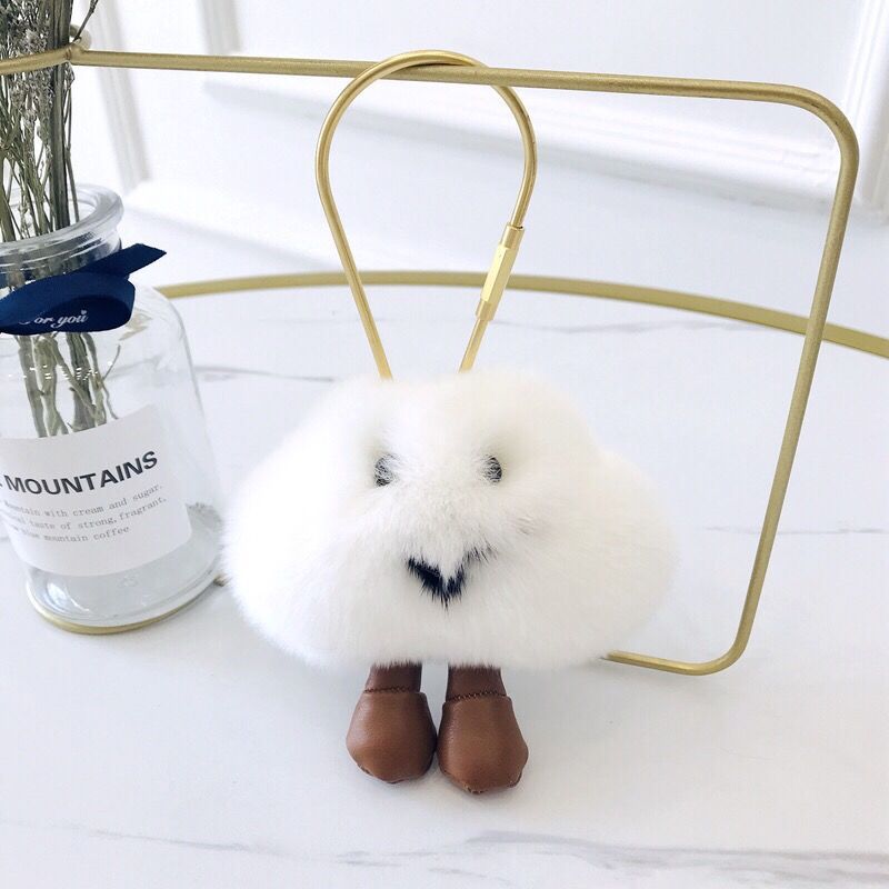 Cute Key Rings Real Rex Fur White Cloud Smile Face Bag Pendant Keychain