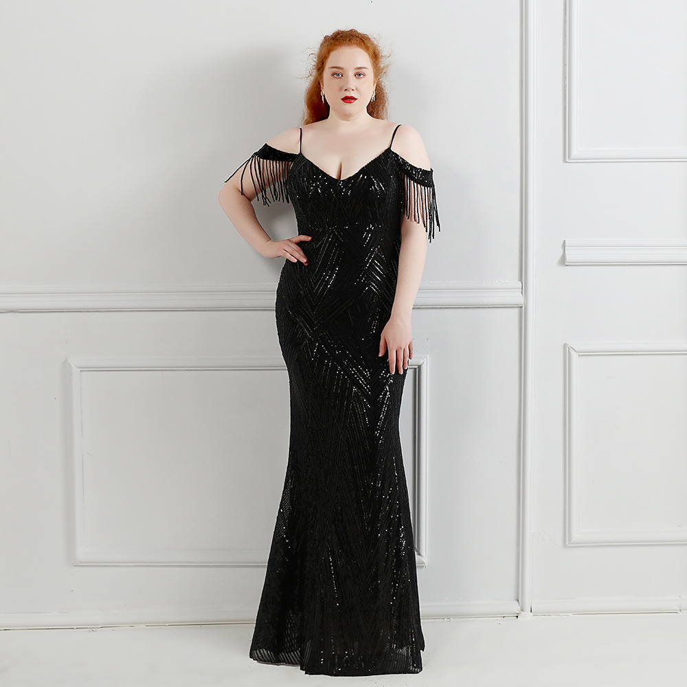 Plus Size Sequin Mermaid Evening Dress With Tassel Elegant Black White Burgundy Long Prom Dresses 2022 Spaghetti Straps Formal Robes Soiree Abendkleid