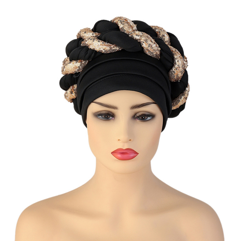 Arab Wrap Muslim Scarf Hijabs Turbans African Headtie Sequin Braid Hat for Women Pleated Beanie Headwrap Hair Accessories 220725