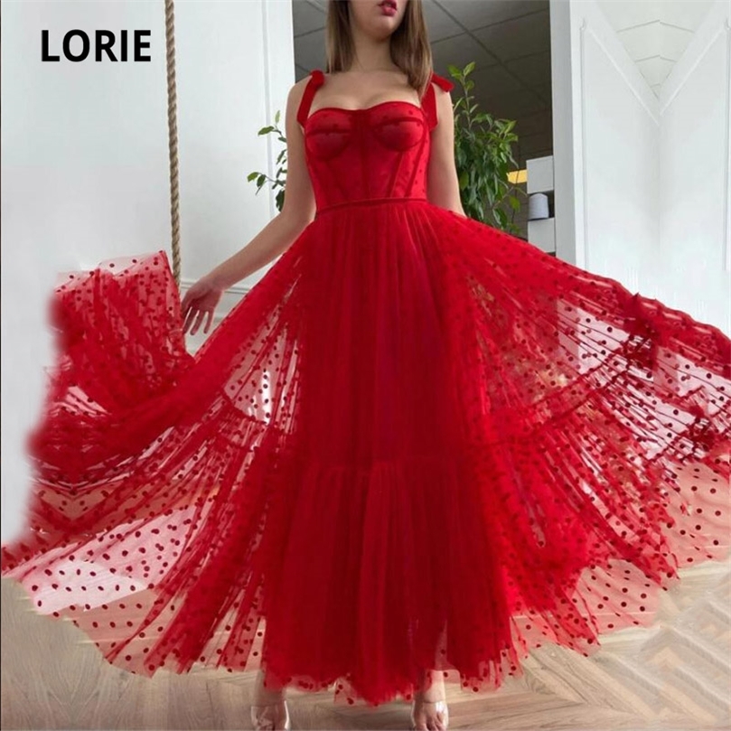 LORIE Red Prom Dresses A-Line Dot Tulle Tea Length Party Gown Christmas Robes de cocktail Dress for Teens 220510