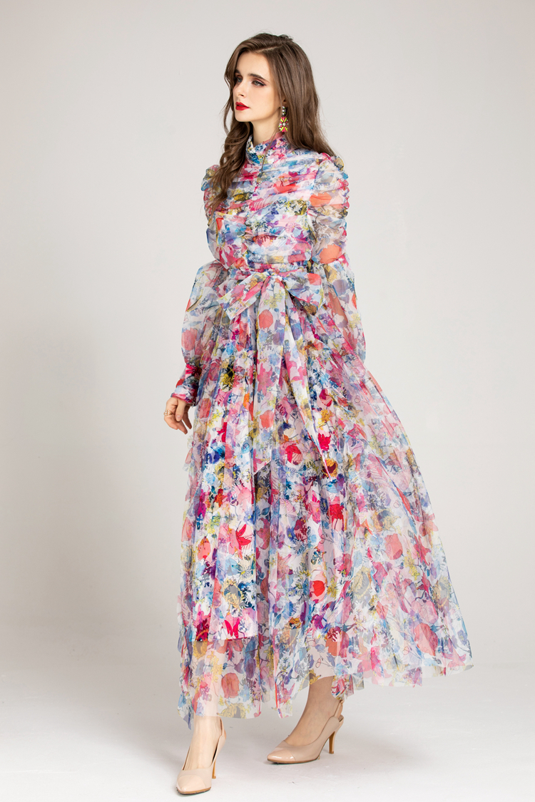 Women's Runway Dresses Stand Collar Long Sleeves Ruched Bodice Printed Elegant Fashion Party Prom Gown