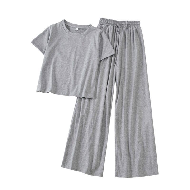 Women 2022 Summer Jogger Casual Simple Daily Sets Solid Tracksuit Short Sleeve Tops Wide Leg Pants 2Pcs Suits Sport Wear L201
