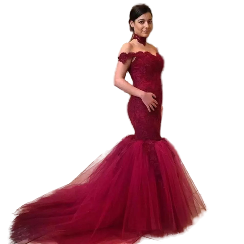 Sexy Off Shoulder Burgundy Mermaid Prom Dresses 2022 Lace Appliques Tulle Long Arabic Formal Gowns Evening Wear Engagement Dress