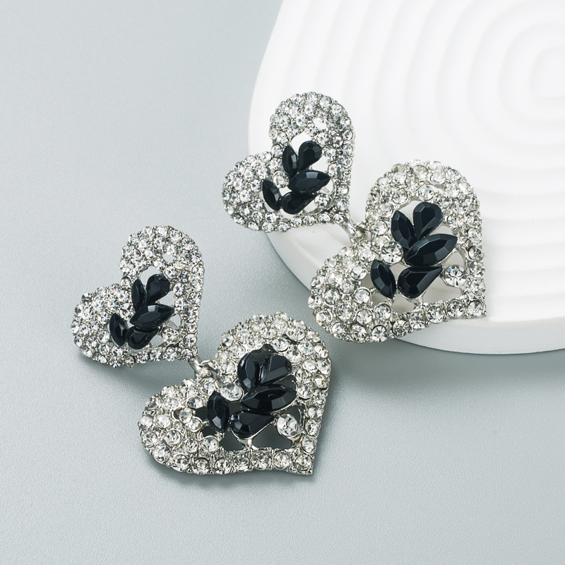 Fashion Exaggerated Studs Drop Earring Crystal Rhinestone Double Heart Dangle Wild Long Peach Love Heart Earrings for Women Wedding Modern Party Jewel