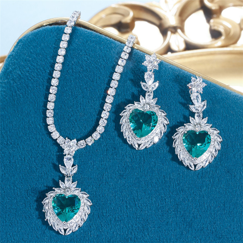Sparkling wedding designer jewelry set heart tennis necklace earring african jewelry sets Blue Green AAA Zirconia Woman Diamond Earrings Necklaces Din