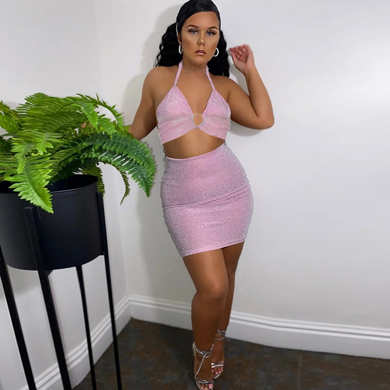 Women Two Piece Skirts Sets Summer Pink Glitter Sexy Club 2Pcs Set Halter Cropped Tank Tops and Mini Skirts Female 220602