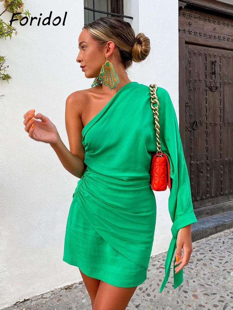Foridol Lace Up One Shoulder Ruched Green Party Dress Batwing Sleeve Short Elegant Clubwear Dress Vestidos De Fiesta Summer Robe 220511