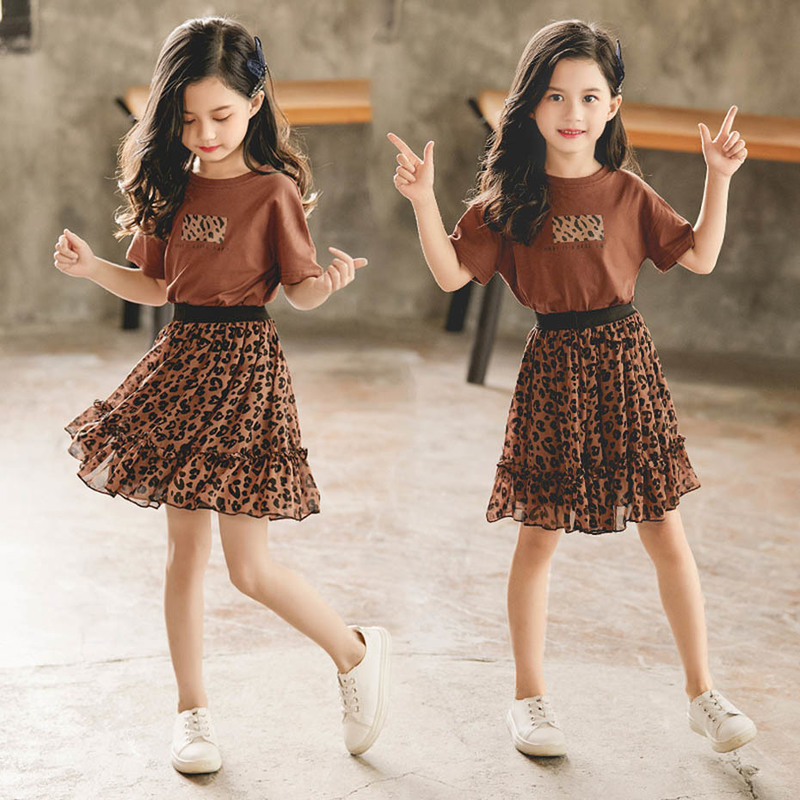 Summer Clothes For Girls Leopard Print Children's Tshirt + Skirt Teenage Costume 220507