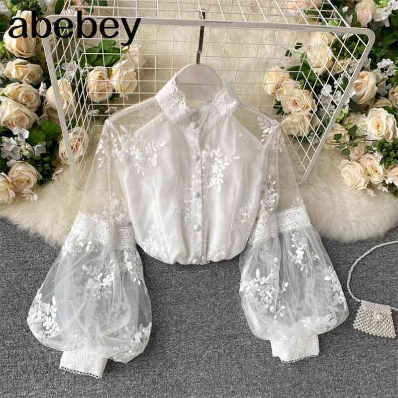 Lady Retro Mesh Lace Tops Womens Stand Collar 3D Embroidered Long Lantern Sleeve Court Slim Shirt Elegant Blouse P298 210401